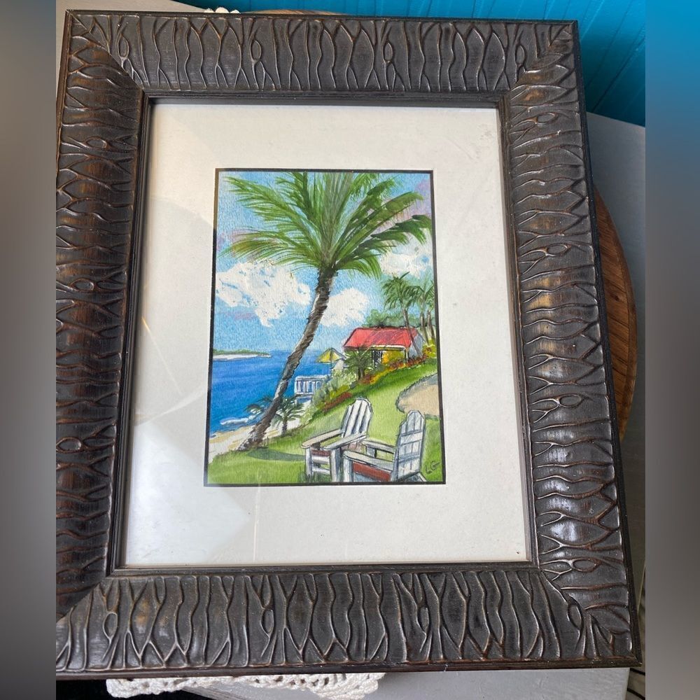 Tropical framed print palm tree beach chair nice frame matted